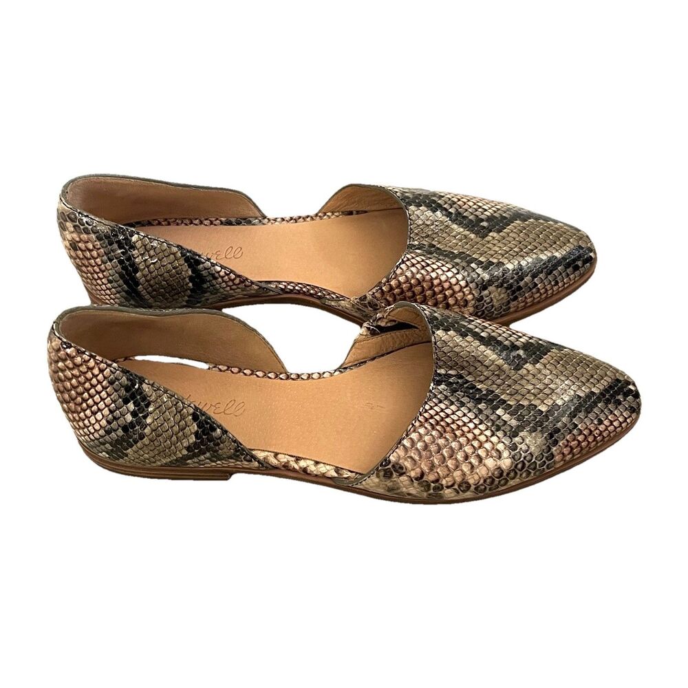 Madewell The Marisa d'Orsay Snake Embossed Brown Leather Flats Womens sz 8.5
